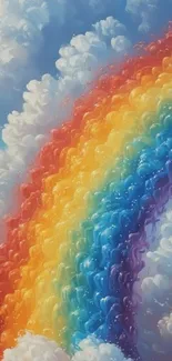 A vibrant rainbow arcs through fluffy clouds in a colorful sky.