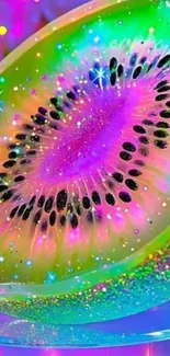 Vibrant rainbow kiwi with sparkling glitter effects in multicolor hues.