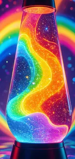 Vibrant rainbow lava lamp with swirling colors.