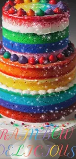 Vibrant rainbow layered cake with sparkling decorations.