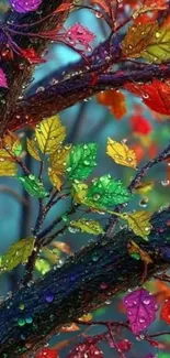Vibrant tree branches with colorful leaves and dew drops.