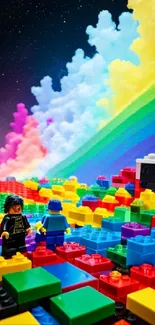 Colorful LEGO landscape with rainbow sky and bricks