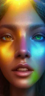 A vibrant portrait with rainbow light effects on a woman's face.