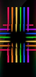 Colorful neon abstract wallpaper with dynamic rainbow lights on black background.