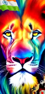 Vibrant rainbow-colored lion with Indian flag accent.