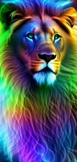 A vibrant, multicolored lion with a glowing mane.