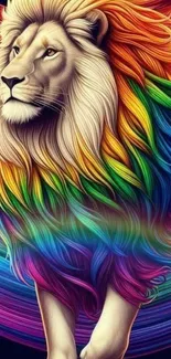 Majestic lion with rainbow mane art on wallpaper.