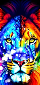 Colorful rainbow lion artwork with vibrant mane.