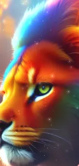 Vibrant rainbow lion with colorful mane and glowing eyes.