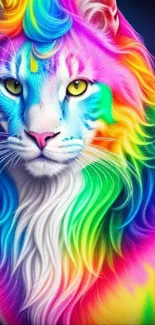 Colorful rainbow lion with vibrant mane on mobile wallpaper.