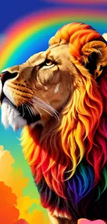 Vibrant lion with rainbow mane in bright sky wallpaper.