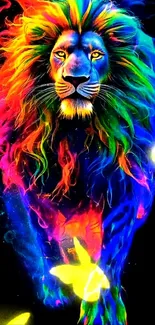 Vibrant rainbow lion with colorful mane and glowing butterflies.