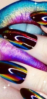 Vibrant rainbow lips with matching multicolored nails close-up.