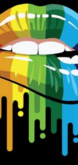 Bright rainbow lips with dripping colors on a black background.