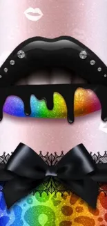 Vibrant rainbow lips with black accents on mobile wallpaper.