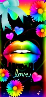 Vibrant rainbow lips with colorful flowers and hearts wallpaper.