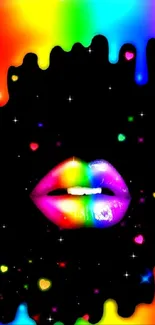 Colorful rainbow lips with drip and hearts wallpaper.