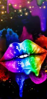 Vibrant rainbow lips against a colorful artistic background with glowing elements.