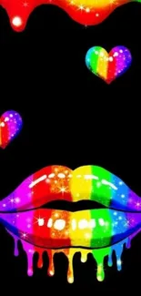 Rainbow lips with glitter hearts on black background.