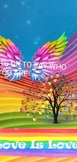 Vibrant rainbow wallpaper with 'Love is Love' message in colorful design.