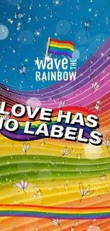 Vibrant rainbow wallpaper with 'Love Has No Labels' message.