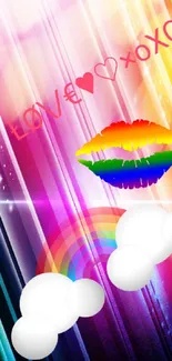 Vibrant rainbow love wallpaper with colorful lips and geometric patterns.