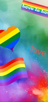 Vibrant rainbow heart, flag, and love-themed design wallpaper.