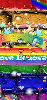 Vibrant rainbow wallpaper with 'Love is Love' message and colorful heart stars.