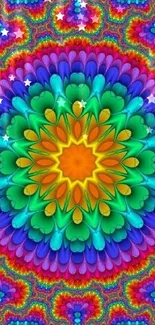 Vibrant rainbow mandala with intricate colorful design.