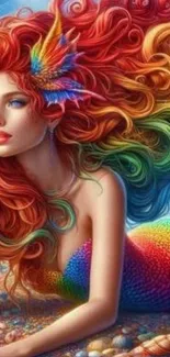 Vibrant rainbow mermaid fantasy with colorful hair and tail.