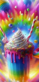 Colorful rainbow milkshake with candy.