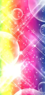 Rainbow mobile wallpaper with stars and bubbles creating a vibrant, colorful design.