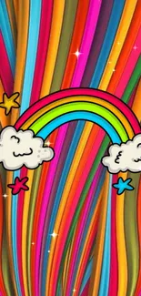 Vibrant cartoon rainbow with colorful stripes and clouds.