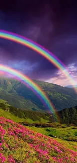 Mobile wallpaper of a vibrant double rainbow over lush mountains and flowers.