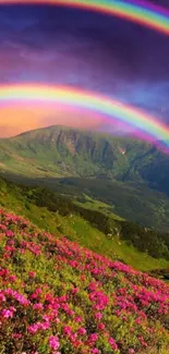 Mountains under double rainbow with colorful flowers.