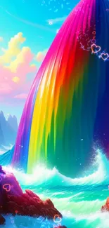 Vibrant rainbow mountain over colorful ocean in dynamic art wallpaper.