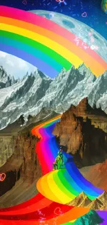 Surreal rainbow path through a mountain landscape with celestial background.