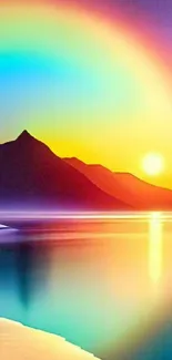 Colorful rainbow mountain and serene lake at sunset.