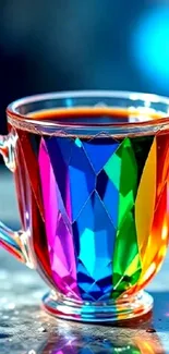 A vibrant rainbow-colored glass mug on a reflective surface.