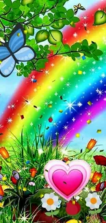 Vibrant nature wallpaper with rainbow and butterflies on mobile.