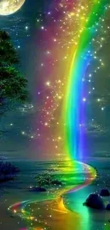 Colorful rainbow nightscape under the moon.