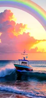 Colorful boat on ocean with rainbow and sunset.