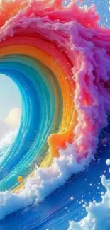 Colorful, artistic rainbow wave crashing in the ocean, vibrant and abstract.