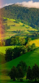 Colorful rainbow over lush green hills, a peaceful nature scene.