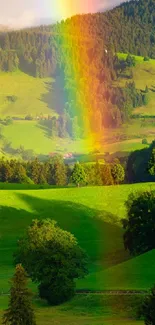 Vibrant rainbow arching over lush green hills.