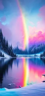 Vibrant rainbow over a snowy winter lake with reflections.