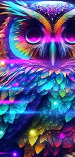 Vibrant rainbow-colored owl digital art wallpaper.