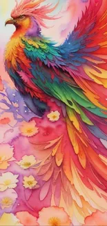 Vibrant rainbow phoenix art wallpaper with colorful feathers and flowers.