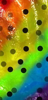 Colorful rainbow wallpaper with black dots and abstract texture.