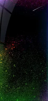 Colorful abstract wallpaper with rainbow light beams and glowing particles.